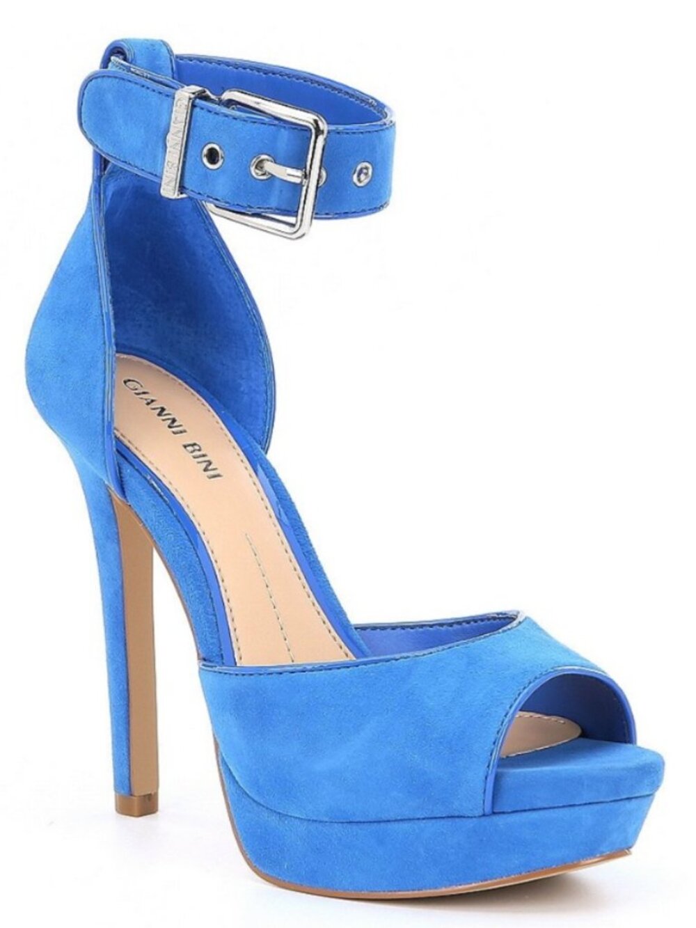 Gianni Bini Julianna Blue Suede Peep-Toe Ankle-Strap Platform Stilettos Size 7.5
